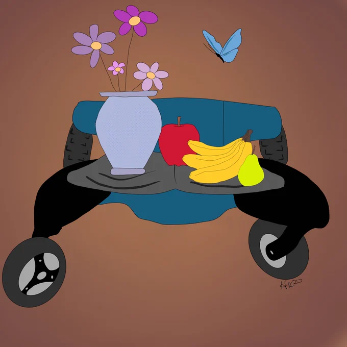 A digital drawing of the bottom half of a blue wheelchair with the front two tires showing. On the footplate is a vase with flowers in it, and apple, bananas, and a pear. Above the wheelchair is a blue butterfly.