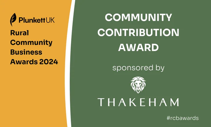 (On the left) Yellow background- the Plunkett UK logo in black, below in black bold text says 'Rural Community Business Awards 2024' 

(On the right) Green background- top bold white text that says 'COMMUNITY CONTRIBUTION AWARD' in white text 'sponsored by' and then the Thakeham logo in white. 