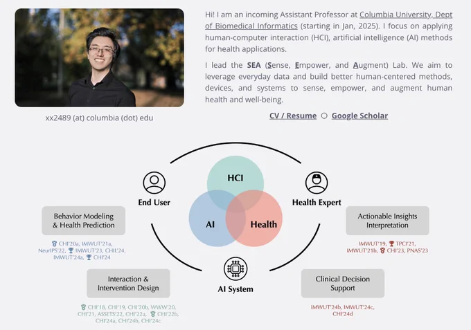 An overview of Orson's research with the following texts: "Hi! I am an incoming Assistant Professor at Columbia University, Dept of Biomedical Informatics (starting in Jan, 2025). I focus on applying human-computer interaction (HCI), artificial intelligence (AI) methods for health applications. I lead the SEA (Sense, Empower, and Augment) Lab. We aim to leverage everyday data and build better human-centered methods, devices, and systems to sense, empower, and augment human health and well-being."