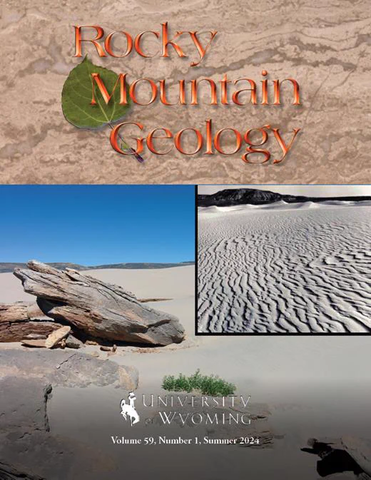 Cover of Rocky Mountain Geology vol. 59, no. 1 showing a photo collage of sand dunes with the University of Wyoming logo at the bottom.