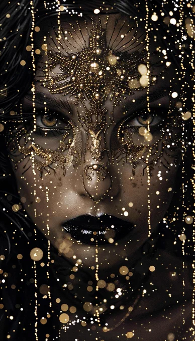 Droplets of obsidian black creating an abstract geometric pattern of a woman face ,gold-glittered background --ar 4:7 --style raw