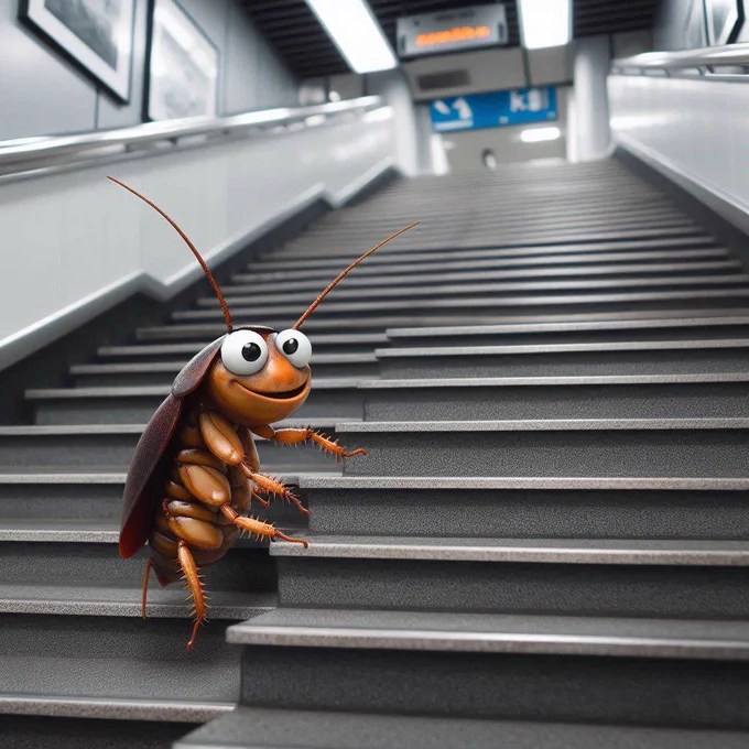 Imagen de una cucaracha subiendo por unas escaleras de piedra