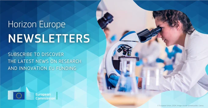 Photo of researcher looking through microscope. Text reads: "Horizon Europe Newsletters - Subscribe to discover the latest news on research and innovation EU funding"