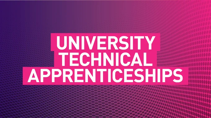 Pink and purple graphic with text saying 'University Technical Apprenticeships'