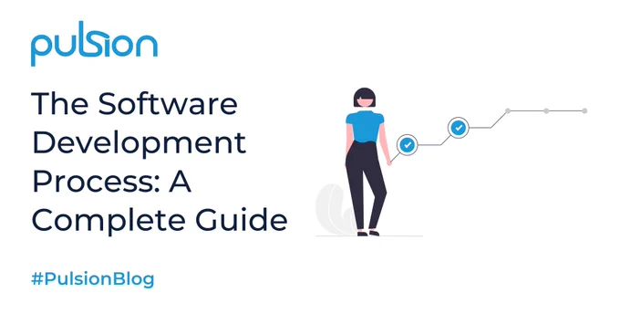 Graphic: Illustration of a woman next to an oversized line with ticks, showing progress. Text: Pulsion; The Software Development Process: A Complete Guide; #PulsionBlog