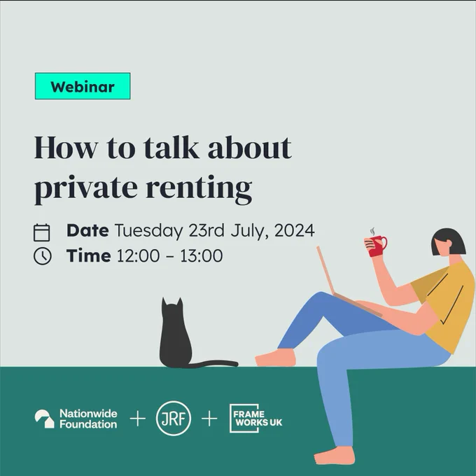 An illustration of a woman on a laptop, drinking coffee, sitting next to a black cat. The text reads: How to talk about private renting. Date Tues 23rd July 2024. Time 12:00-13:00.