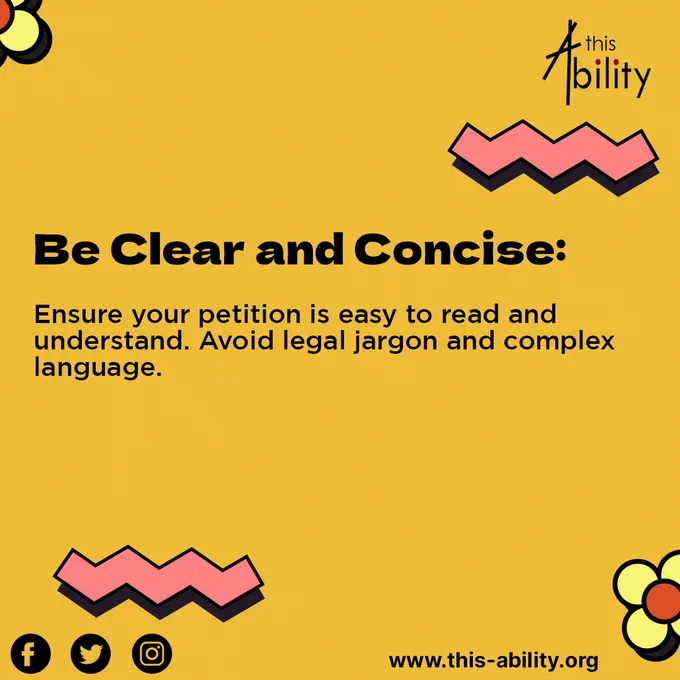 Be Clear and Concise:

Ensure your petition is easy to read and understand. Avoid legal jargon and complex language.
Features decorative elements like flowers and zigzag shapes.
