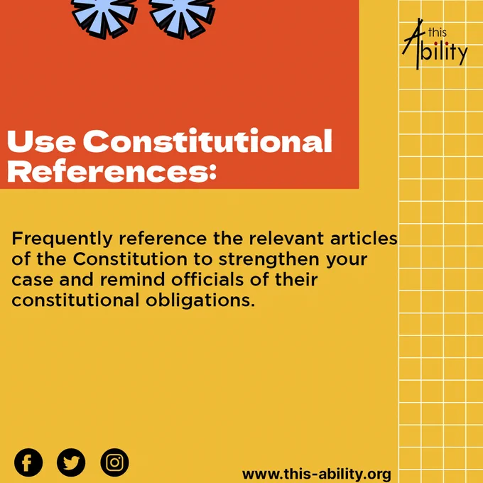 Use Constitutional References:

Frequently reference the relevant articles of the Constitution to strengthen your case and remind officials of their constitutional obligations.
Includes blue star-like shapes and a grid pattern.
