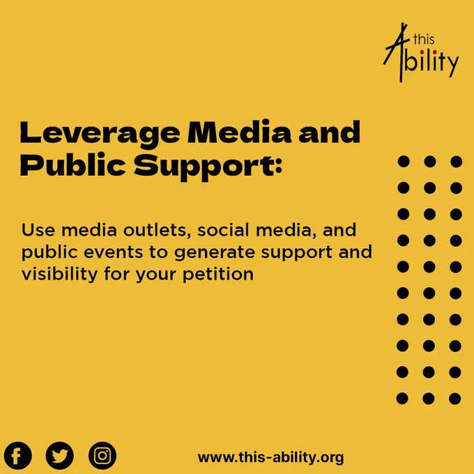 Leverage Media and Public Support:

Use media outlets, social media, and public events to generate support and visibility for your petition.
Displays dot patterns as decorative elements.