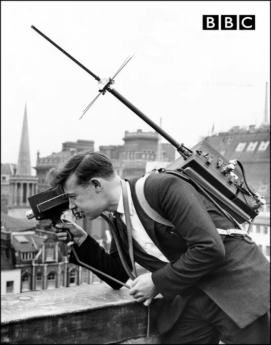 a BBC cameraman demonstrating the use of a new French radio-camera, one of which had been bought for experimental purposes.