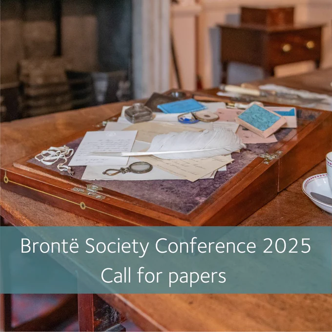 Photo of a Victorian writing slope, with text reading Bronte Society Conference 2025 call for papers.
