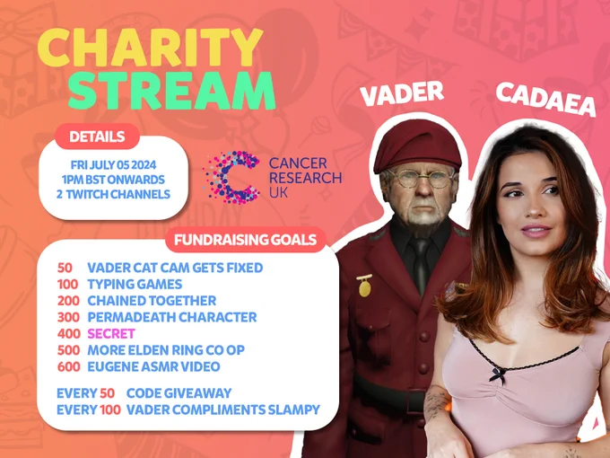 Marketing graphic for a charity stream raising money for Cancer Research UK. The stream is going ahead on Friday 5th July from 1pm BST. 