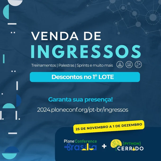imagem informando que o primeiro lote de ingressos está disponível para a Plone Conference 