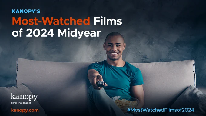 A person sitting on a sofa and holding a remote control, with a bowl of popcorn on their lap, against a dark background with text reading "Kanopy's Most-Watched Films of 2024 Midyear" and the Kanopy logo. The hashtag #MostWatchedFilmsof2024 is also visible.