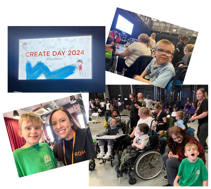 A village of 4 photos. One is the Create Day 2024 title on a giant screen. Two are of children in a large hall taking part in a workshop. One is a selfie of Vicki and a child smiling at the camera.