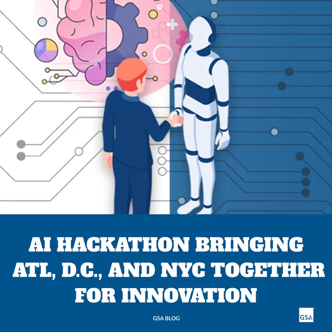 Man and robot shaking hands. The text says, “AI Hackathon bringing ATL, D.C. and NYC. together for innovation” in white against a blue background. 