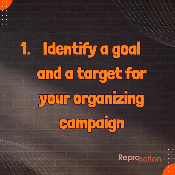 States "1. Identify a goal and a target for your organizing campaign." Graphic is on a dark brick wall with different elements such as swirls and circles and Reproaction logo.