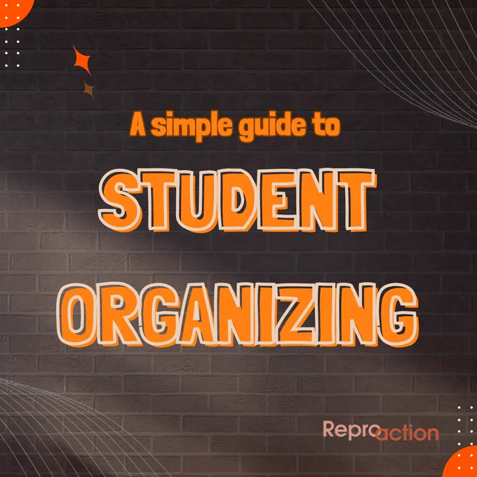 States "A simple guide to student organizing." Graphic is on a dark brick wall with different elements such as swirls and circles and Reproaction logo.