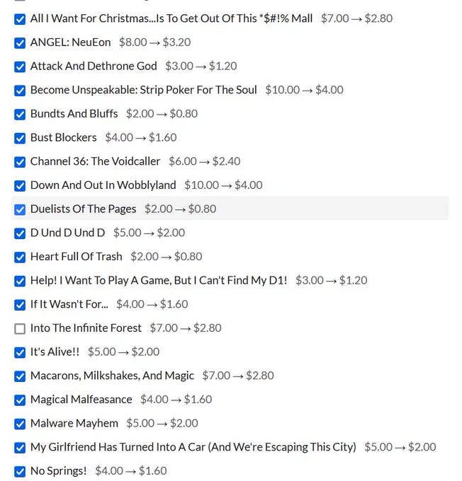 Screenshot of Itch.io, showing that many of my games are on sale.