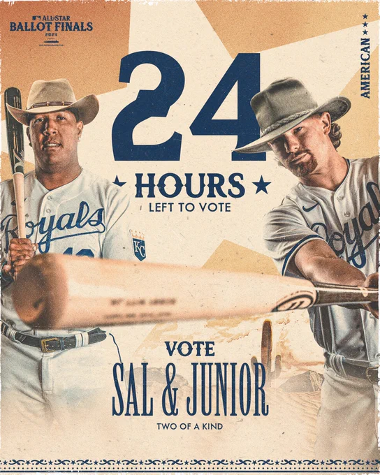 A graphic with cutout photos of Salvador Perez and Bobby Witt Jr. wearing cowboy hats and holding baseball bats set against a desert backdrop. Text on the graphic reads, "24 hours left to vote. Vote Sal & Junior, two of a kind."