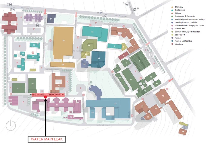 Map of King's Building Campus and location of water mains leak and road closures