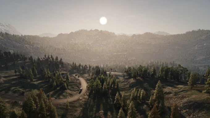 A screenshot from Ranch Simulator, showing a road, trees and mountains in the background. The sun can be seen rising over the mountains.