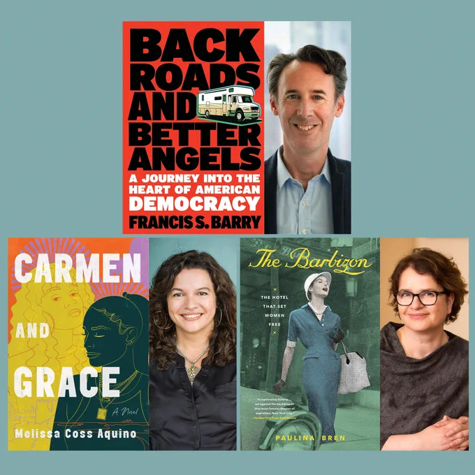 Pictures of our July Literary Thursdays guests—Francis S. Barry, Melissa Coss Aquino, and Paulina Bren—and their book covers.