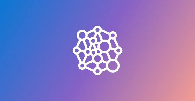 Hexagonal structure with interconnected circles and lines on (left to right) blue, purple, pink gradient background.