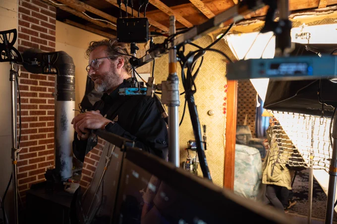 Photo of director Andy Hines on the set of Little Lorraine, filming in Louisbourg