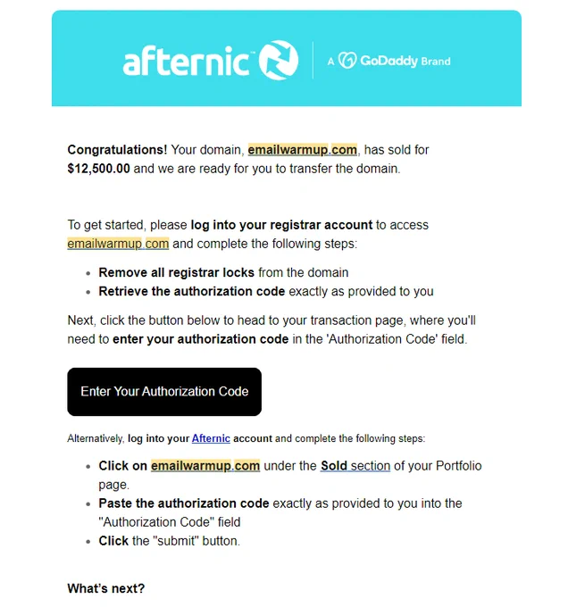 Just sold EmailWarmup•com via outbound & @afternic broker help for $12,500 USD proof of sale screenshot