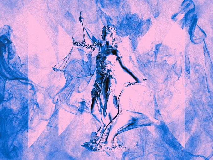 A statue of lady justice on a pink background with blue smoke all around.