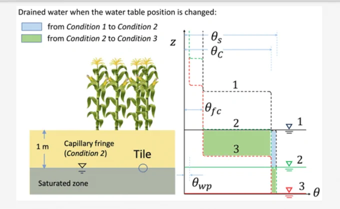 Colour diagram showing effect of changes in water table position in relation to tile drainage