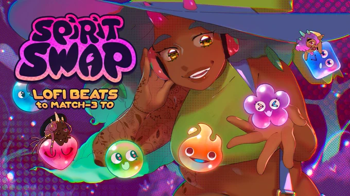 spirit swap game's key art showing the main character Samar interacting with little spirits