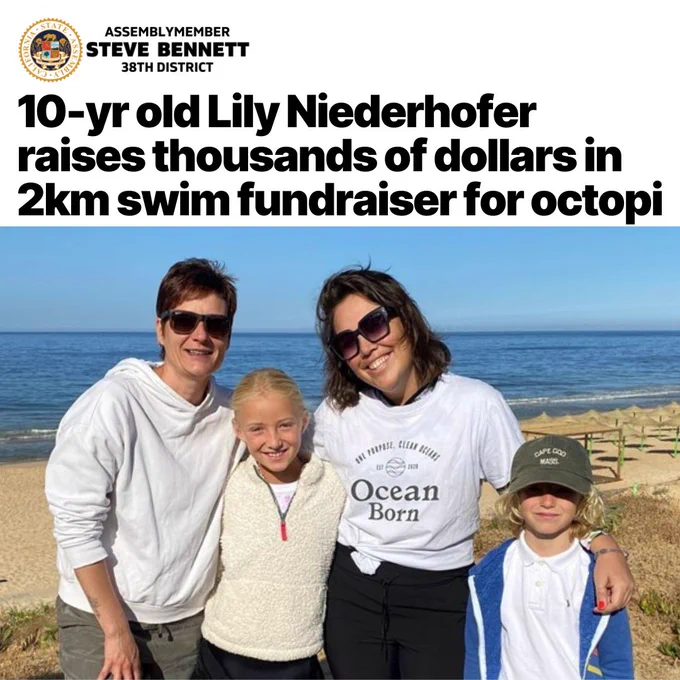 Image of Lily Niederhofer with supporters of her fundraiser to protect octopi from farming.