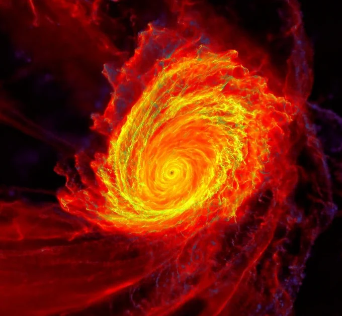 Still from Caltech cosmic simulation of a supermassive black hole surrounded by accretion disk. Credit: Caltech/Phil Hopkins group