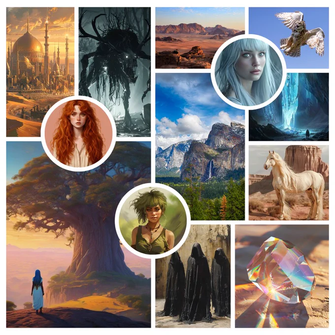 A collage containing the following images: a brass palace in a desert city; a corpse-like monster; a desert landscape; a great horned owl; a waterfall in a forested canyon; a glowing blue crystal in a cave; a majestic white horse; three black-robed, sinister figures; a glittering, prismatic jewel; an enormous tree with a woman in the foreground; and three character insets that include a young woman with curly red hair; a young woman with long, blue hair; and a sassy looking woman with short, green hair and tan skin.
