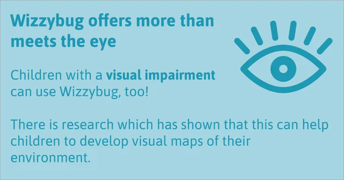 Wizzybug offers more than meets the eye. Children with a visual impairment can use Wizzybug, too! There is research which has shown that this can help children to develop visual maps of their environment.