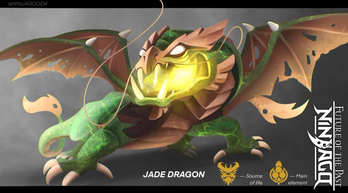 I decided to keep the yellow color of Fire, but the main color of Jade is green. The color of Jade depends on the degree of Energy charge:

— When Jade is overcharged with Energy (as it is when the Jade Dragon is activated), its power turns yellow.
— If Jade is sufficiently charged, its color is identical to Lloyd's elemental color
— If Jade is weakened, however, it appears paler, like a true stone of the same name.