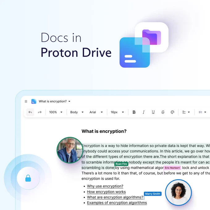 Screenshot of the Docs in Proton Drive, showing the collaboration between two people called Ryan Fire and Marry Smith on the text called "What is encryption". 