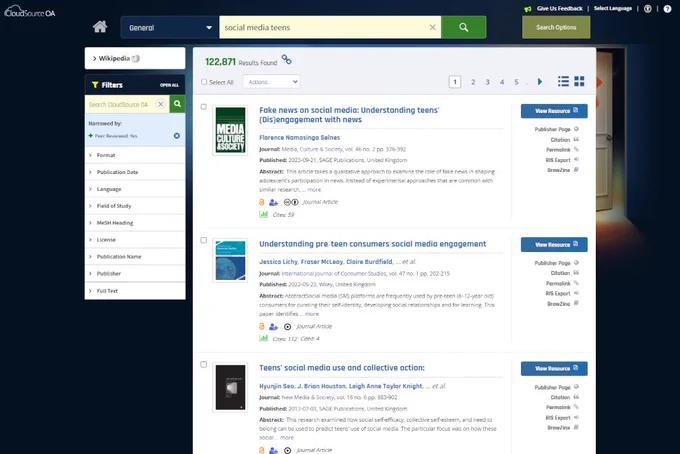 A screenshot of a computer on CloudSource OA searching "social media teens."