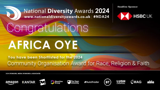 National diversity awards 2024, www.nationaldiversityawards.co.uk, congratulations Africa Oyé you have been shortlisted for the 2024 Community Organisation Award for Race, Religion & Faith. 