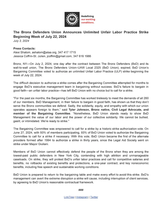 This is an image of the press release in full. It is too lengthy to include as alt text, but the PDF is available at www.tinyurl.com/bxdunionstrike.