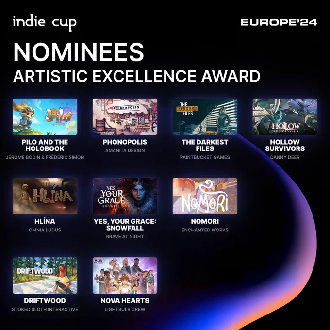 The image displays the nominees for the “Artistic Excellence Award” at Indie Cup Europe 2024. The nominees are as follows:

- Pilo and the Holobook (Jérôme Bodin & Frédéric Simon)
- Phonopolis (Amanita Design)
- The Darkest Files (Paintbucket Games)
- Hollow Survivors (Danny Deer)
- Hlína (Omnia Ludus)
- Yes, Your Grace: Snowfall (Brave at Night)
- Nomori (Enchanted Works)
- Driftwood (Stoked Sloth Interactive)
- Nova Hearts (Lightbulb Crew)