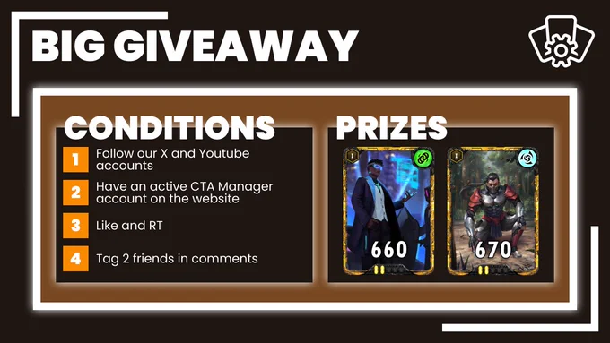 BIG GIVEAWAY

CONDITIONS : 
1 - Follow our X and Youtube accounts
2 - Have an active CTA Manager account on the website
3 - Like and RT
4 - Tag 2 friends in comments

PRIZES : 
Sassaki Alt C and Hassan Alt B