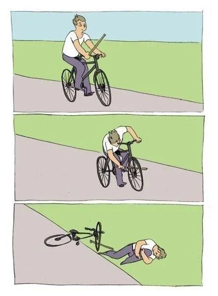 a comic by Corentin Penloup called "Baton Roue", where a guy shoves a stick into the front wheel while biking, tripping himself over