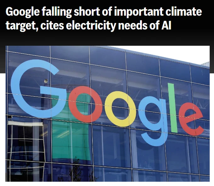 AP news headline that reads: "Google falling short of important climate target, cites electricity needs of AI"