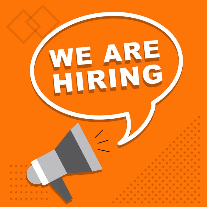 'We are Hiring' text in a speech bubble and a megaphone graphic