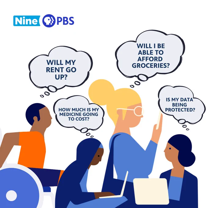 Four people in a discussion with speech bubbles containing questions about personal and financial concerns. Text in the bubbles includes: "Will my rent go up?", "How much is my medicine going to cost?", "Will I be able to afford groceries?", and "Is my data being protected? The logos for PBS and Nine are in the upper left corner.