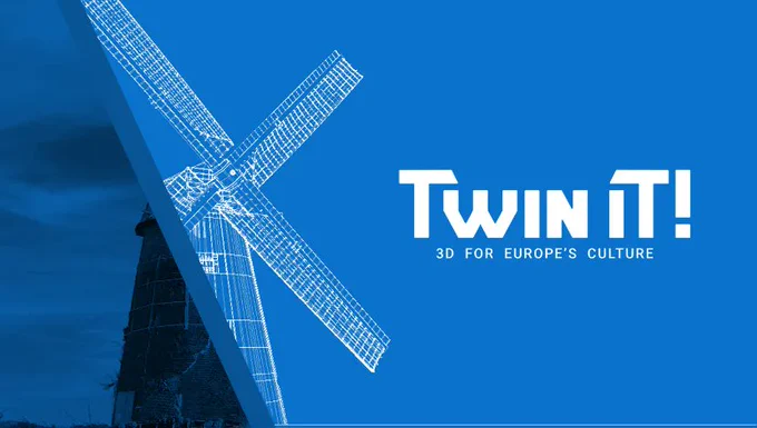 A blue banner with a windmill promoting the Twin It! online exhibition
