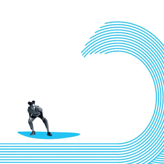 Image of a woman, in black and white, riding a blue surf board away from a blue wave that is drawn with lines on a white background